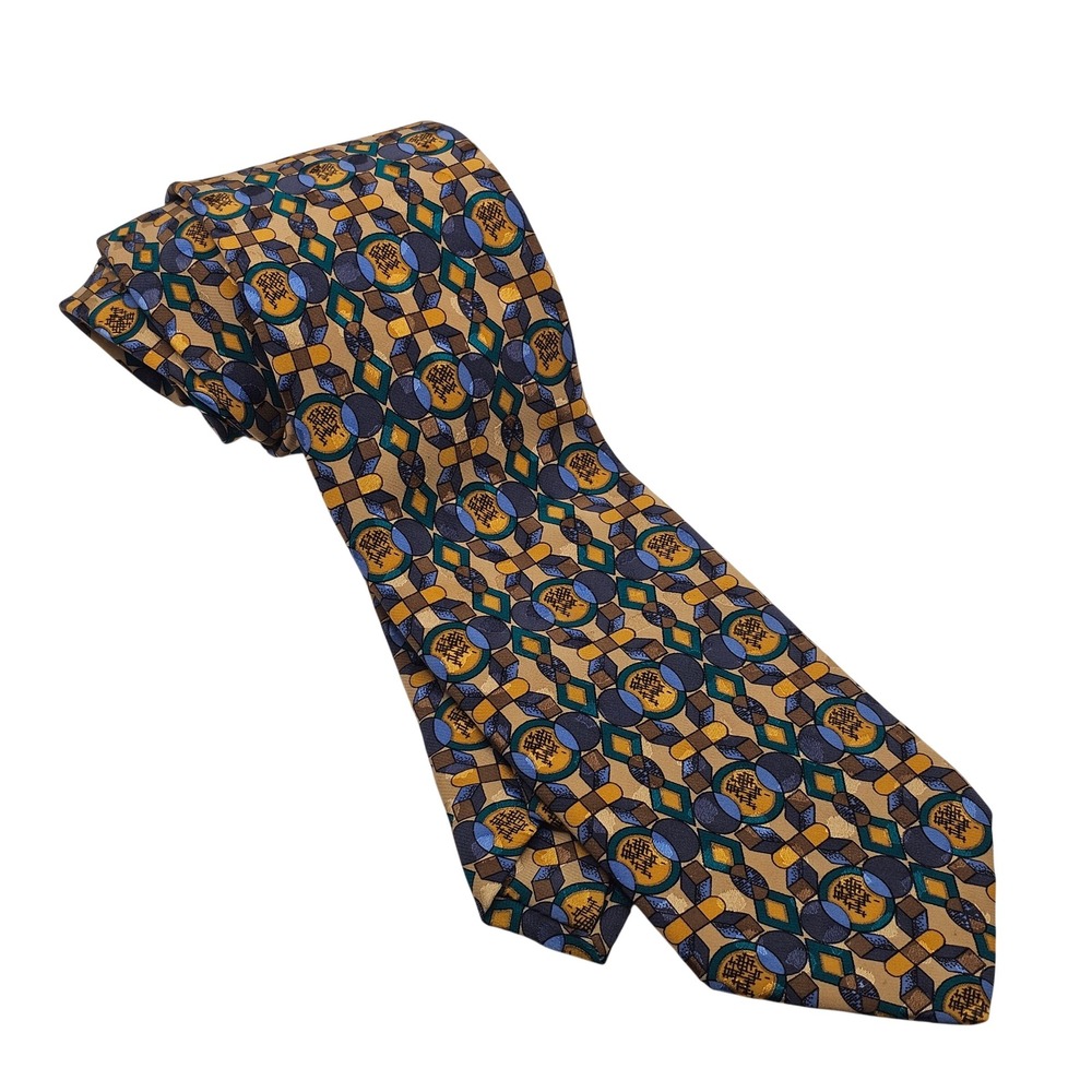 Brioni Italian Silk Tie Gold Blue Yellow Iridescent Geometric Luxury Business
